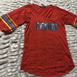 Y2K Coogi Womens Large Red Sequin Logo Rainbow 3/4 Sleeve Crew Neck Top